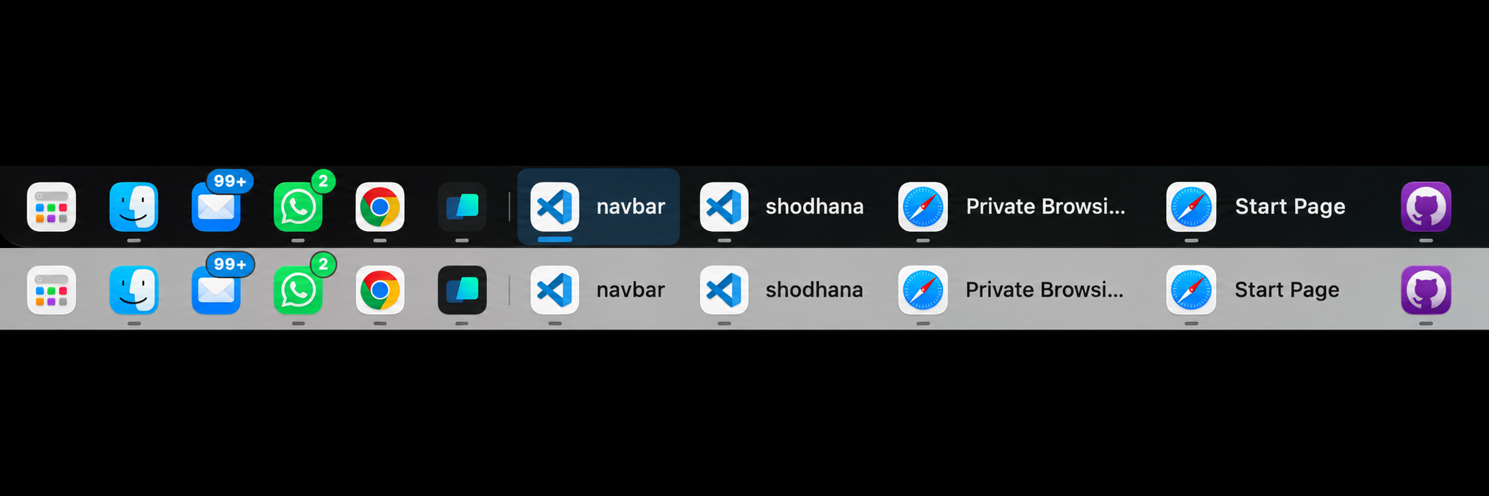 NavBar running on macOS, showing app icons, notification badges, and window titles.